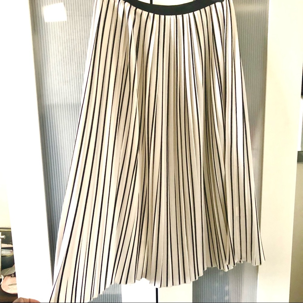 Black and a white striped pleated midi skirt